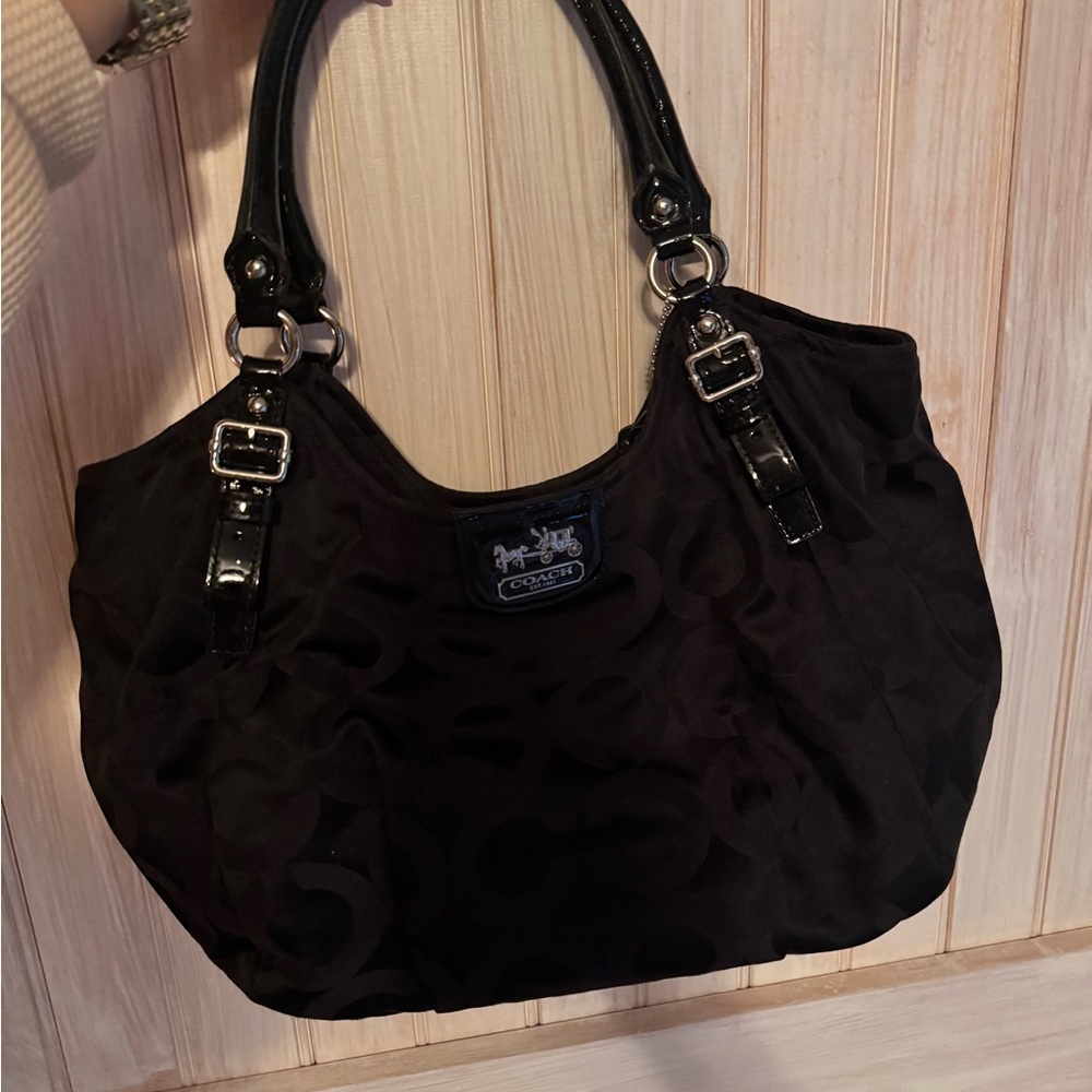 Coach Black Signature Nylon Shoulder Bag with Black Patent Handles
